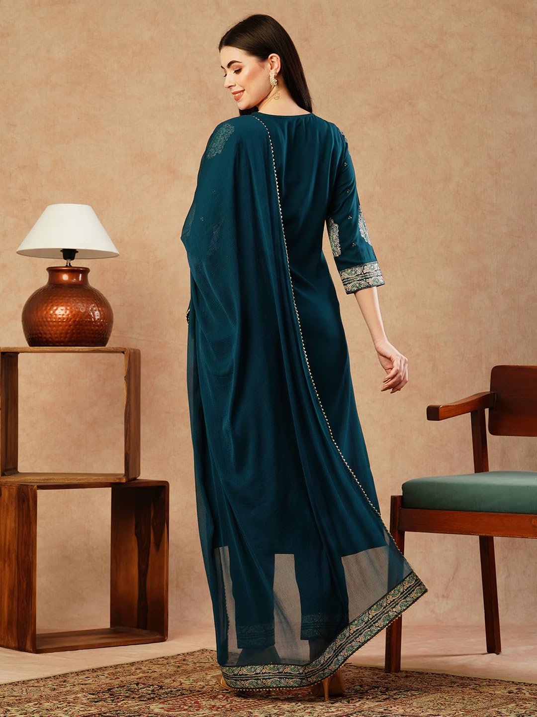Gosriki Women'S Cotton Blend Straight Printed Kurta With Pant & Dupatta (Carla Blue-Nw-Gs_L_Blue_Large),Blue,,B0CTXHWVPP