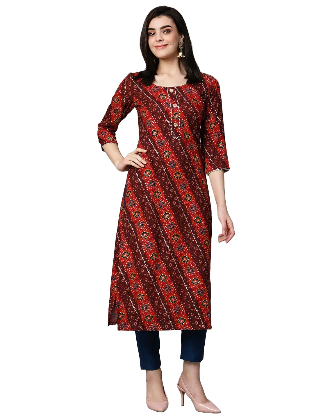 Gosriki Women'S Cotton Blend Straight Printed Kurta With Pant Set (Badiya Red-Nw-Gs_Xl_Red_X-Large),Red,,B0CJJVDQNB
