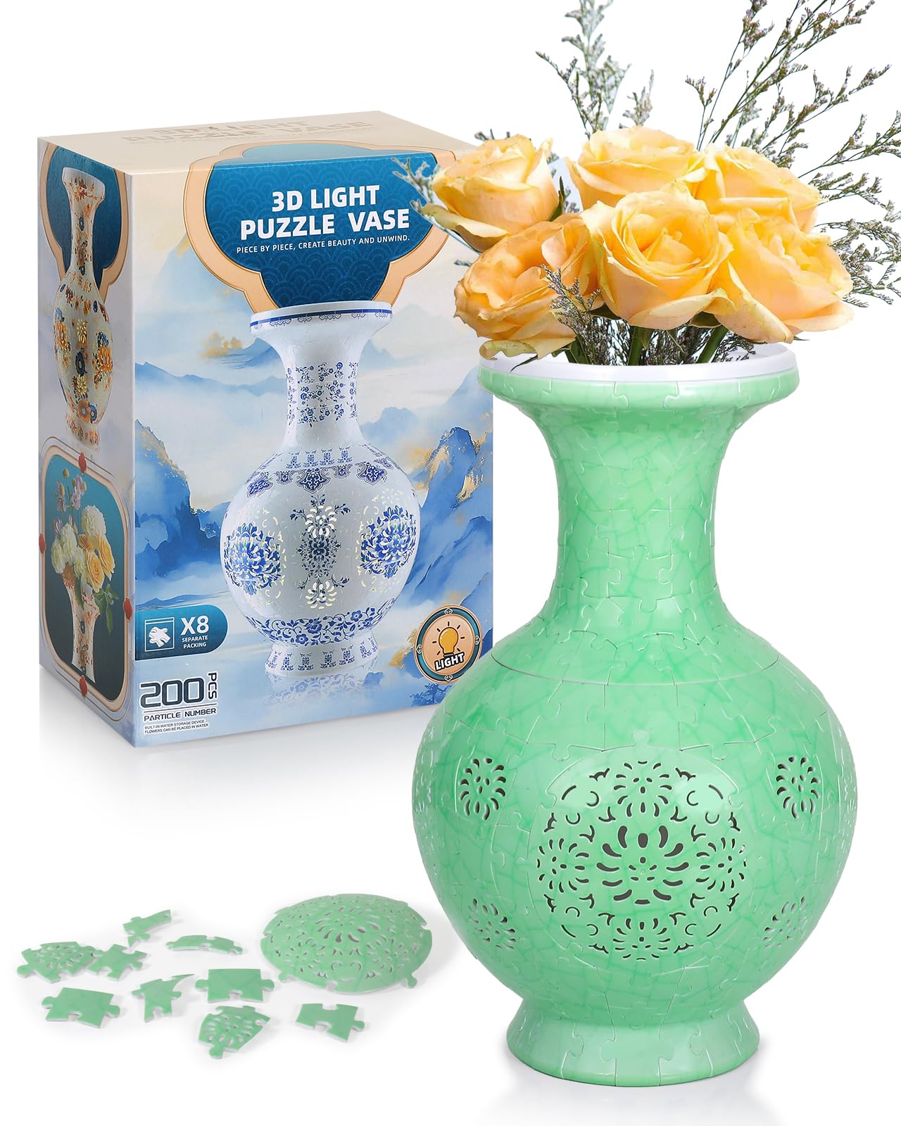 LED 3D Puzzle Vase, 200 Pieces 3D Puzzles for Adults with Flowers, Unique Arts and Crafts for Adults, Unique Housewarning Gifts 