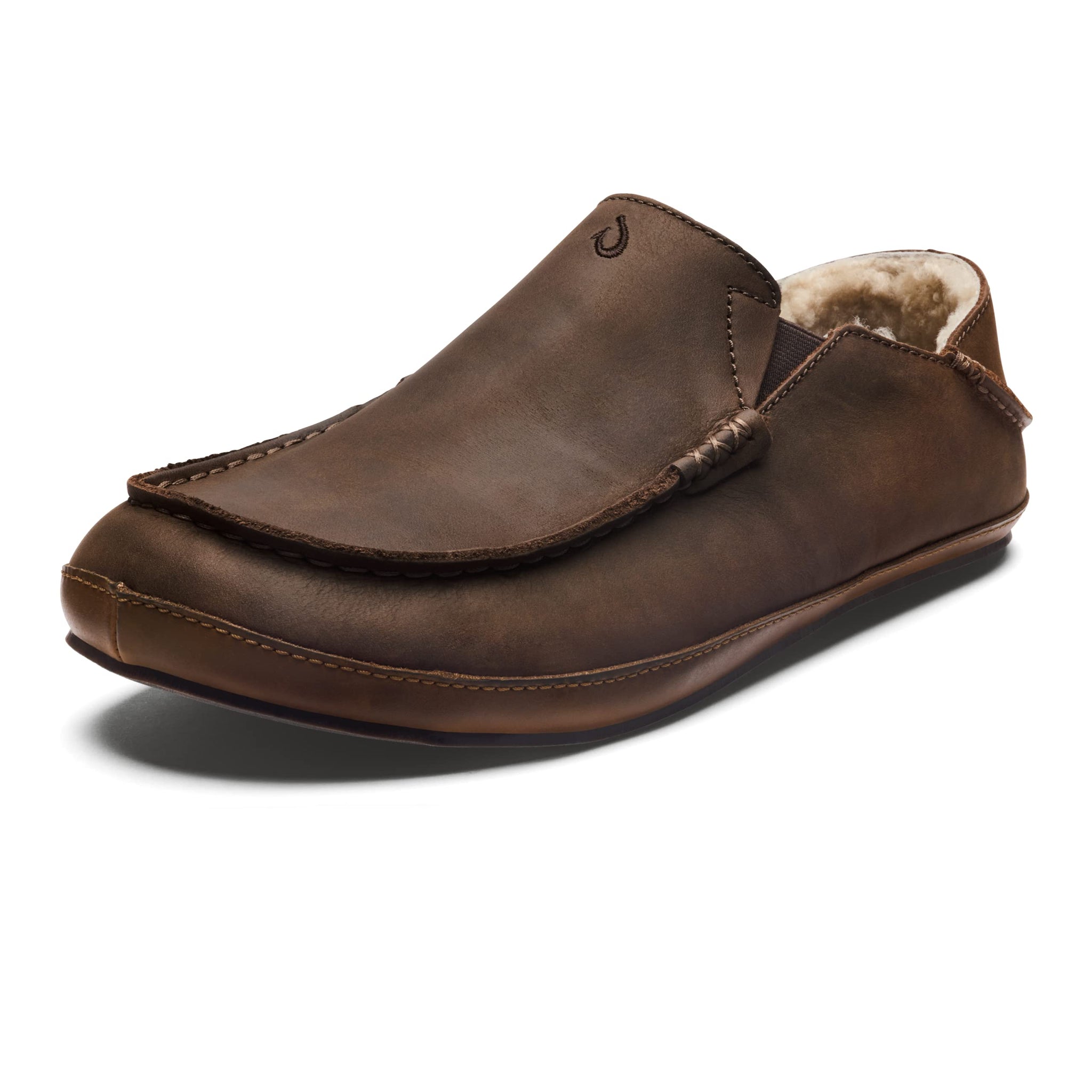 OLUKAI Moloa Slipper Men's Slippers, Premium Nubuck Leather Slip On Shoes, Shearling Lining & Gel Insert, Drop-In Heel Design, D