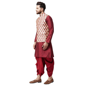 Sojanya (Since 1958 Mens Silk Blend Maroon Kurta Dhoti And Nehru Jacket Combo, Size: Xxl