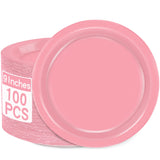 QZYL 100 PCS Paper Plates, 9 Inches Pink Disposable Plates, Heavy Duty Party Plates Round Dinner Plates Tableware Set for Daily 
