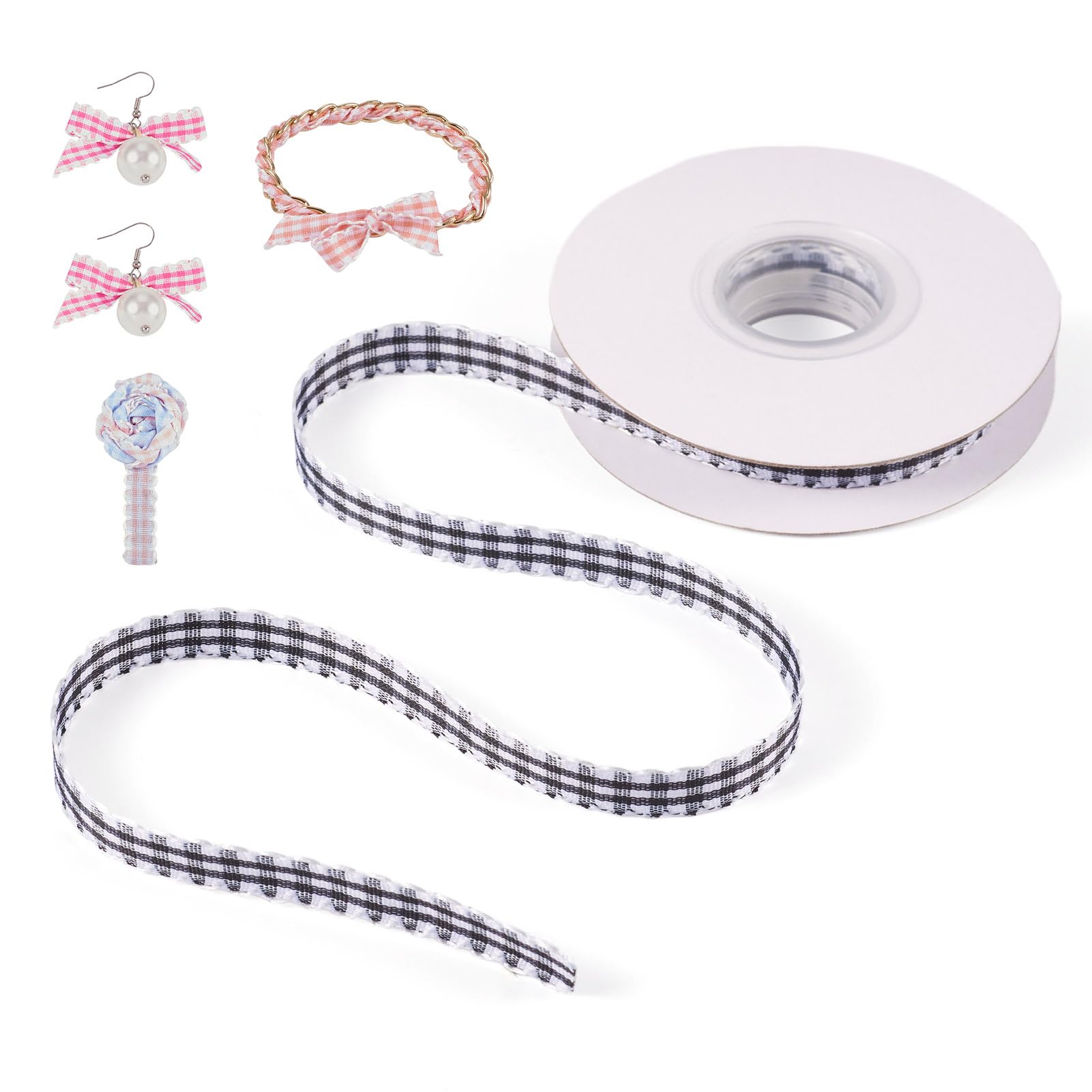 Craftdady 10 Yards Black Plaid Ribbons Wired 0.43 Inch Wavy Edged Tartan Thin Ribbon Rolls for Women Girls Hair Pins Gifts Wrapp