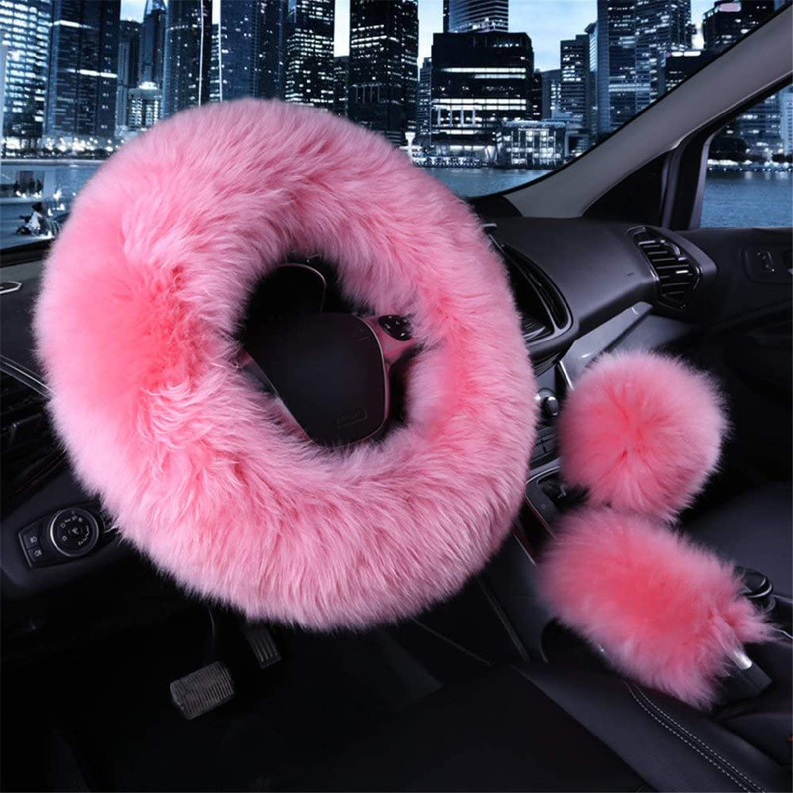 SPANICE 3 Pcs Car Steering Wheel Cover & Handbrake Cover & Gear Shift Cover Set Faux Wool Warm Winter (Pink)