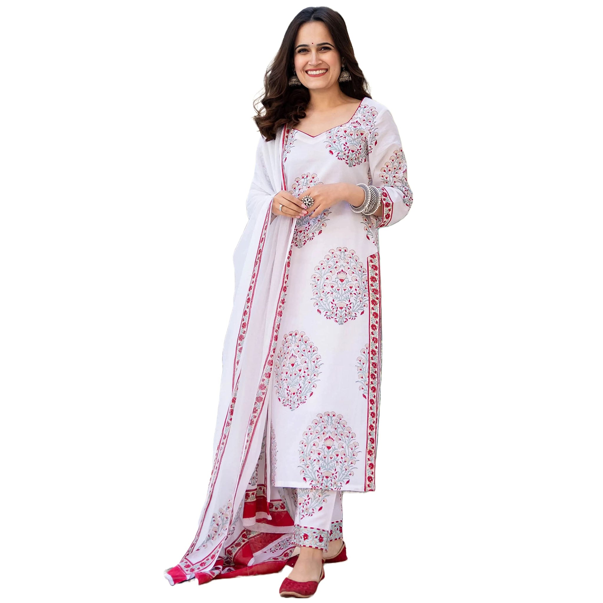 Gosriki Women'S Cotton Blend Floral Printed Straight Kurta With Pants & Dupatta (Cup-Off-White_Xl-Gs_White_X-Large),White,,B0BPJY29H9