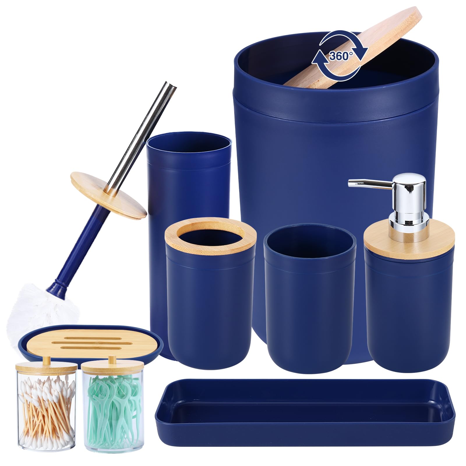 iMucci Bathroom Accessories Set Navy Blue Bathroom Decor Sets with Trash Can,Toilet Brush,Toothbrush Holder, Lotion Soap Dispens