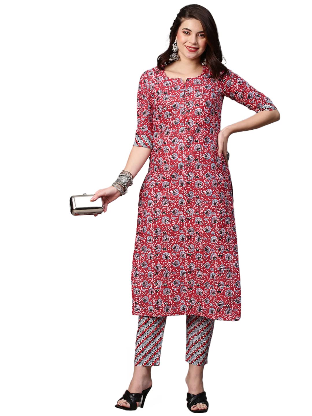 Anni Designer Women'S Cotton Blend Traditional Straight Printed Kurta And Palazzo Set (Janar Red_M_Red_Medium),Red,M