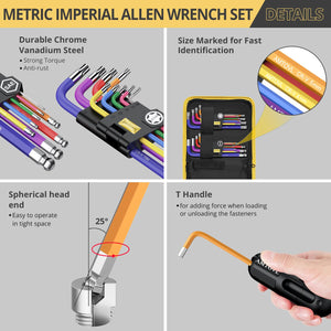 AMTOVL 27PCS Allen Key Set - Metric & SAE Allen Wrench Set, Extra Long Ball & Star End Hex Keys with T-Handle & Color Coding for