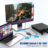 8K HDMI 2.1 Switch, Dbilida 48Gbps 8K HDMI Switcher Splitter 2 in 1 Out Support 4K@165Hz/144Hz/120Hz, 8K@60Hz, Bi-Directional fo