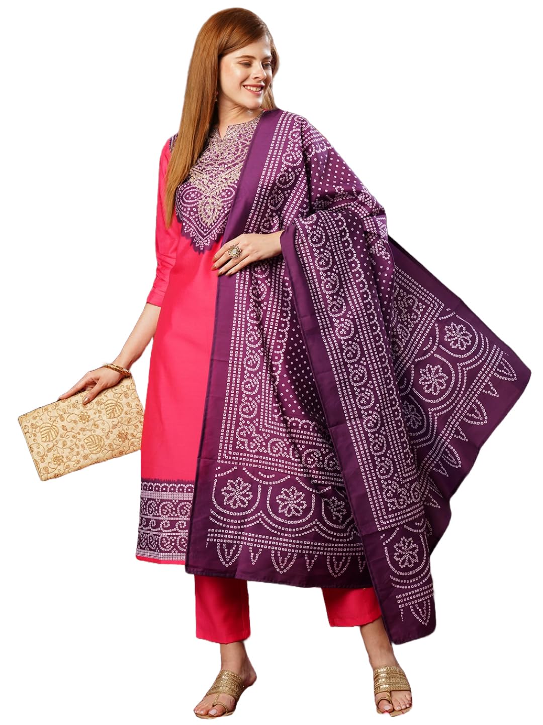 Gosriki Women'S Cotton Blend Straight Printed Kurta With Pant & Dupatta (Abhiyanka Rani-Gs_Xxl_Pink_Xx-Large),Pink,2,B0D73ZDYN7