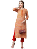 Anni Designer Women'S Cotton Blend Traditional Straight Printed Kurta And Pant Set (09 Amd Orange_L_Orange_Large),Orange,L