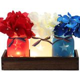 Domensi 4th of July Patriotic Table Decoration Set Rustic Wood Tray with 3 Pcs Mason Jar Centerpieces with String Lights 3 Pcs A