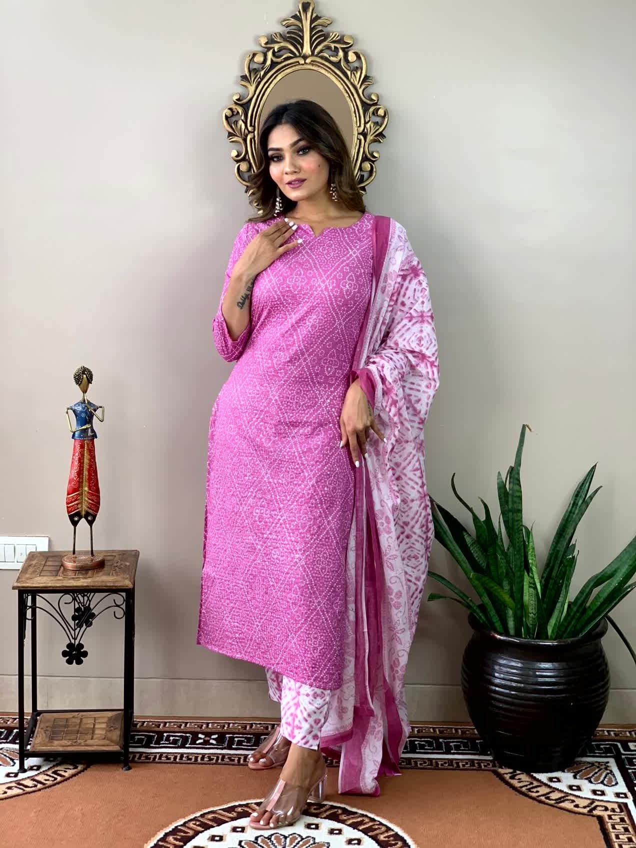 Anni Designer Women'S Cotton Blend Straight Printed Kurta With Pant & Dupatta (Dalaja-Majenta_Xl_Majenta_X-Large) Magenta,Magenta,XL,Cotton Blend,Regular,