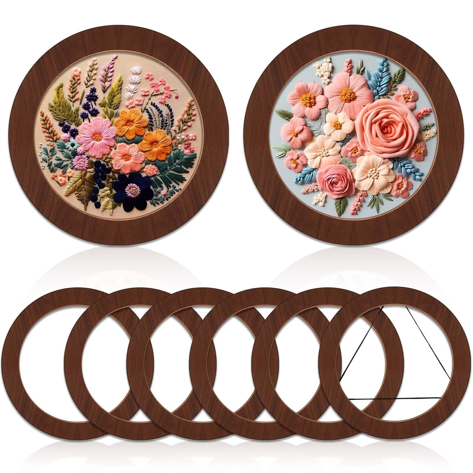 Wenqik 6 Pcs Wood Embroidery Hoop Frame Set 8 Inch Embroidery Hoops Wood Display Frame for Finished Cross Stitch or DIY Art Craf