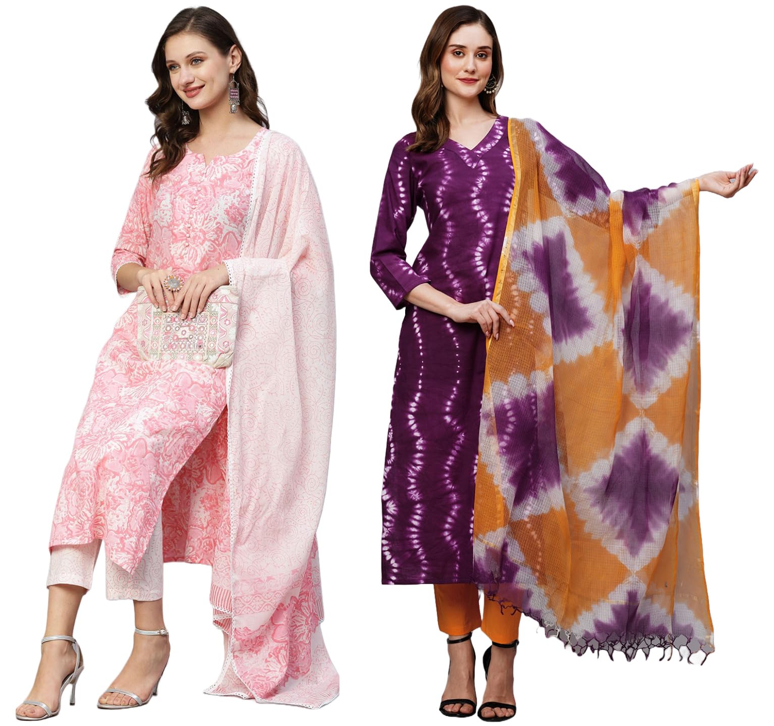 Anni Designer Women'S Cotton Blend Printed Straight Kurta With Pant Pack Of 2 (Combo-Prem Mukhi Pink_Multicolor_X-Large),Multicolour,XL