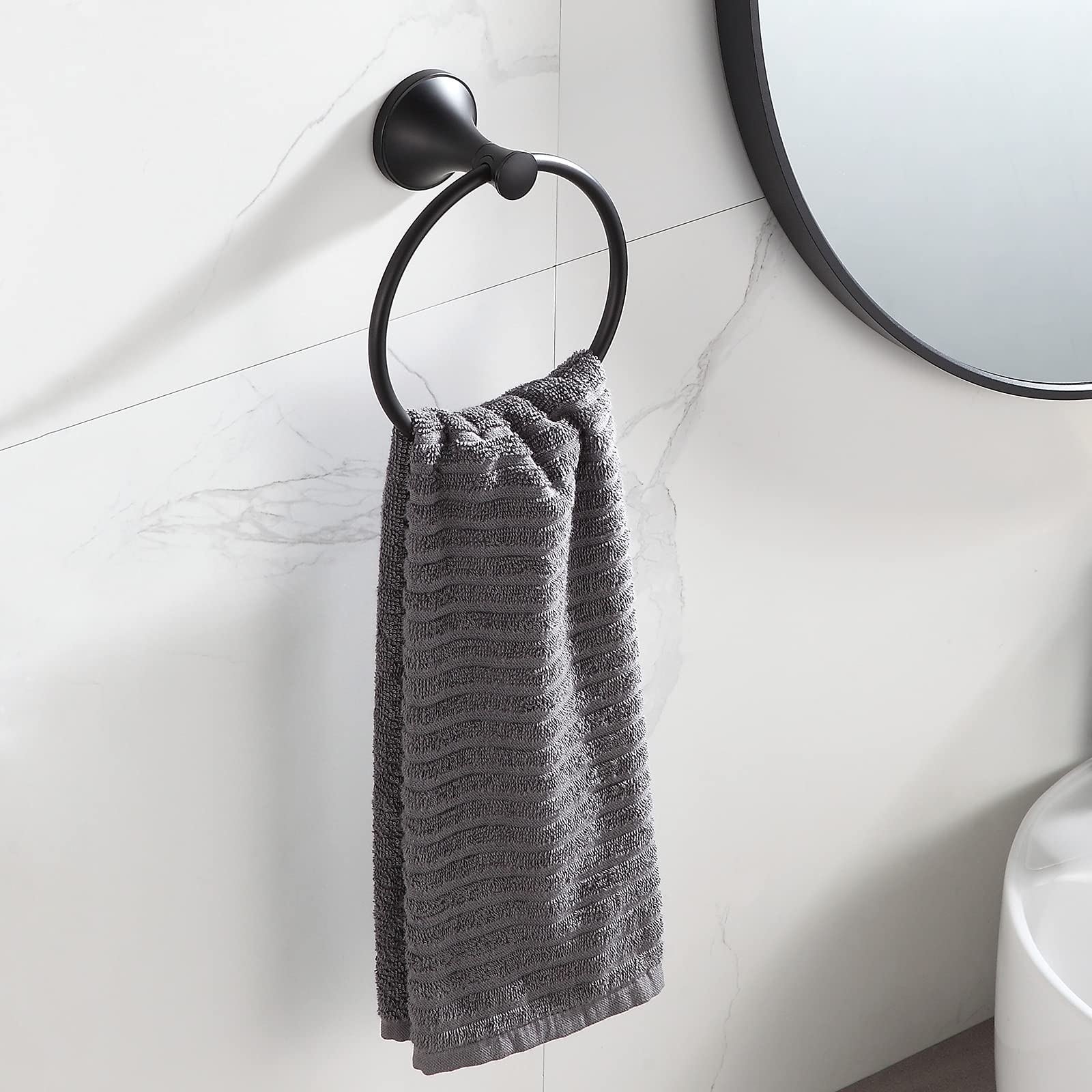 BVL 2 Pack Black Towel Ring Hand Towel Holder Ring Hanger for Bathroom Accessories Kitchen Metal Round Towel Holder Wall Mounted