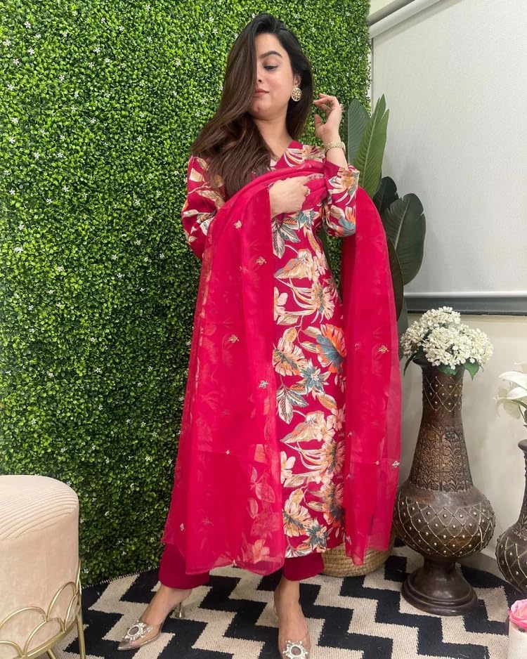 Anni Designer Women'S Rayon Blend Straight Printed Kurta With Pant & Dupatta (Njan Maroon-Vks01_M_Maroon_Medium),Maroon,M,Rayon Blend,Regular,