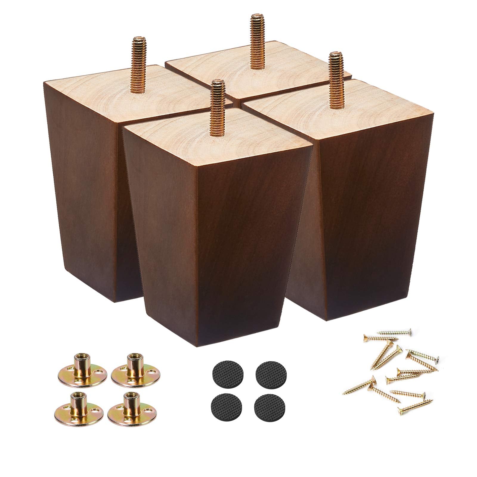 Wood Furniture Legs 5 Inch Sofa Legs Pack Of 4 Square Brown Couch Legs ,Mid Century Chair Feet,Sofa Replacement Parts, For Dress