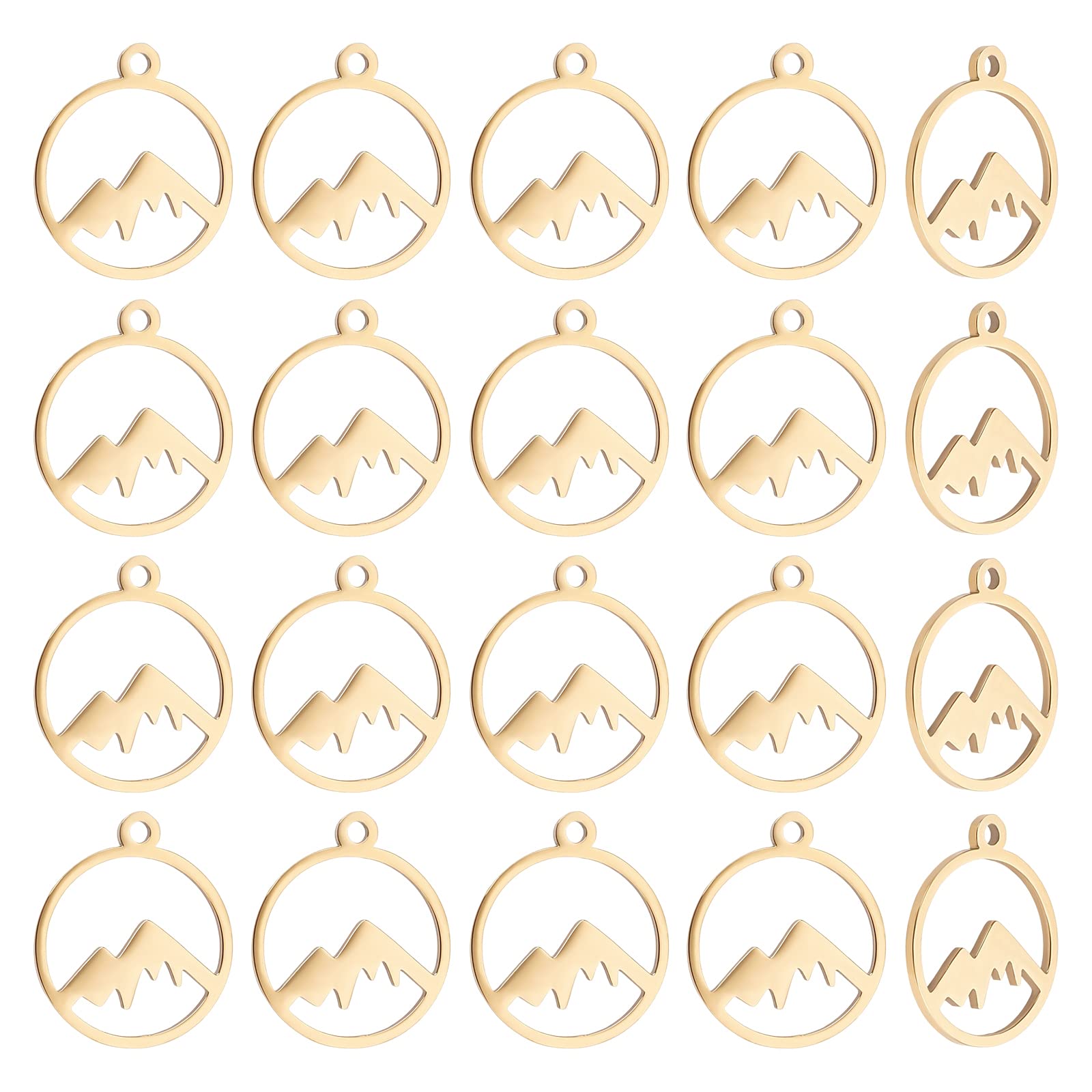 UNICRAFTALE 20pcs Golden Mountain Charms Stainless Steel Hypoallergenic Hollow Charm 17mm Flat Round with Mountain Dangle Pendan