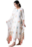 GoSriKi Ladies Cotton Blend Straight Print Cropped Trousers and Dupatta Kurta, White, M
