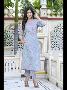 Gosriki Women'S Cotton Blend Printed Straight Kurta With Pant (Tidhara Green-Cmd-Gs_Xl_Green_X-Large),Green,,B0C6GY2F97