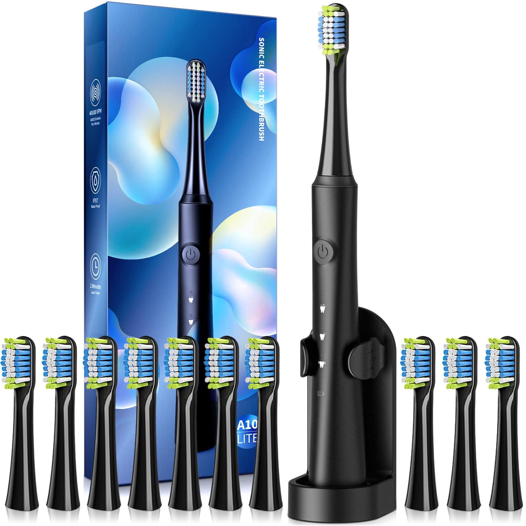 Teetheory Electric Toothbrush For Adults With Holder And 10 Brush Heads, Rechargeable Toothbrush Electric Fast 2 Hr Charge Last 