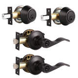 2 Sets-Front Door Entry Lever and Single Cylinder Deadbolts Combination Set, Keyed Alike Interior and Exterior Hardware, Oil Rub