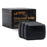 AMVital Natural Charcoal Soap Bar Set - 3-Pack Plant-Based Face & Body Soap for Daily Use - Deep-Cleansing Bar Soap for All Skin