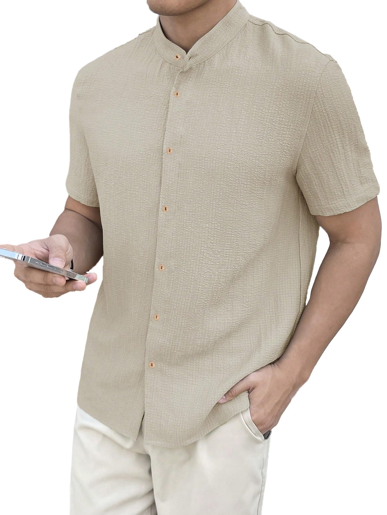 Toplot Men'S Solid Regular Fit Shirt (Popcorn-Mandarin-5210-Cream-S_Cream,Cream,,B0DK534QNB