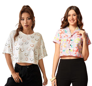 Toplot Women'S Casual Printed Crop Top With Short Sleeve Pack Of 2 (Combo-5135-Mlt-Sml-Xs),Multi-Smile,,B0CCXW2CM6