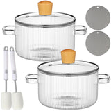 Tioncy 2 Pcs Clear Glass Pots for Cooking on Stove 1.3 L 44 oz Glass Saucepan with Lid Handle Simmer Pot Handmade Cookware Boros
