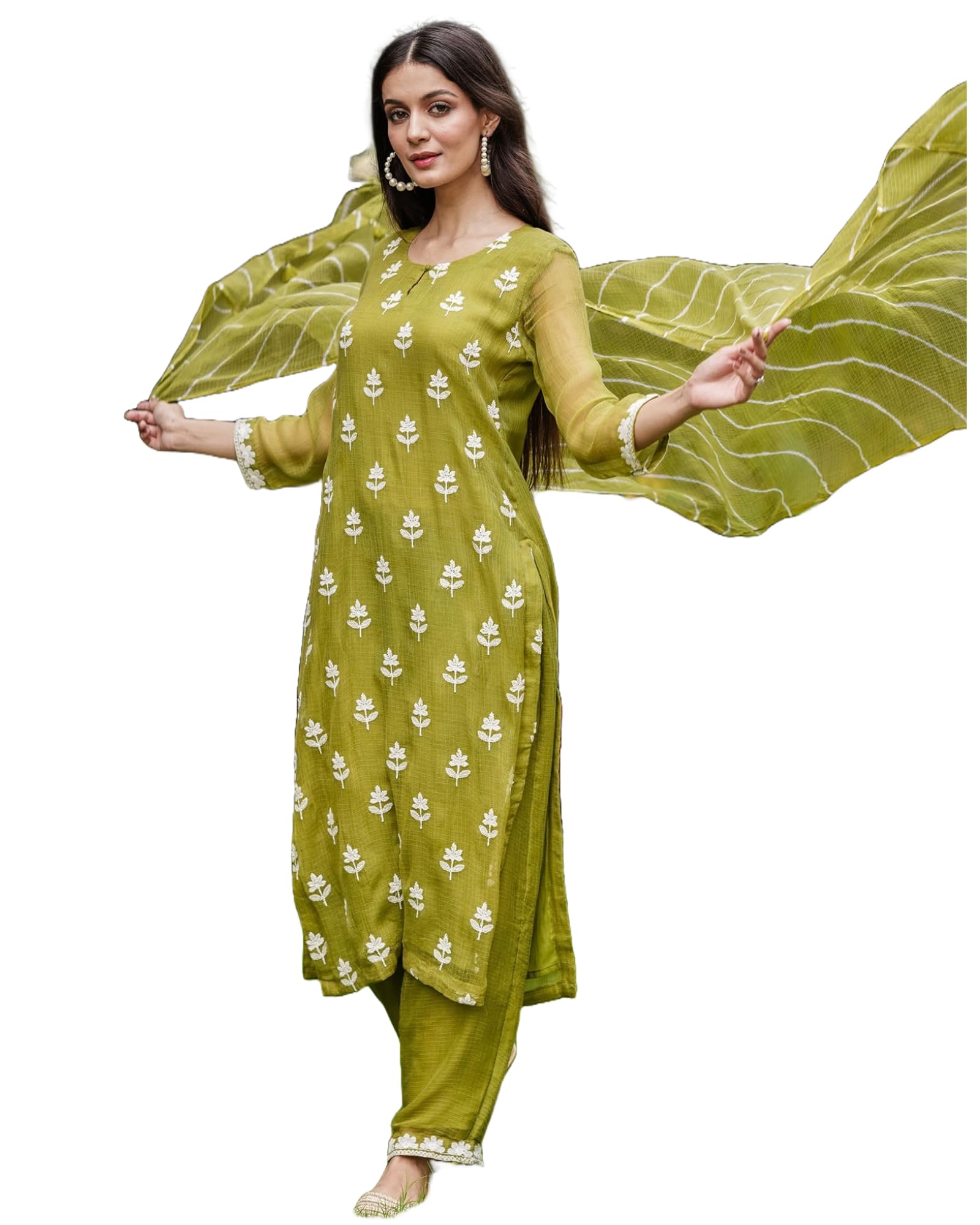 Anni Designer Women'S Cotton Blend Embroidered Straight Kurta With Pant & Dupatta (Chakdol-Mahendi_M_Green_Medium),Green,M