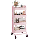 4-Tier Pink Rolling Cart,Metal Utility Rolling Cart with Handle,Multifunction Rolling Carts with Wheels,Kitchen Storage Carts Su