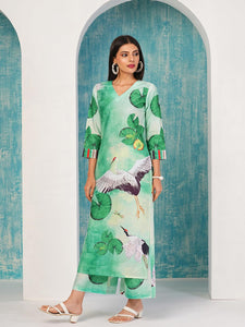 Gosriki Women'S Cotton Blend Straight Printed Kurta With Palazzo (Swans See Green-Nw-Gs_Xl_See Green_X-Large),See Green,,B0D4J7NT2B