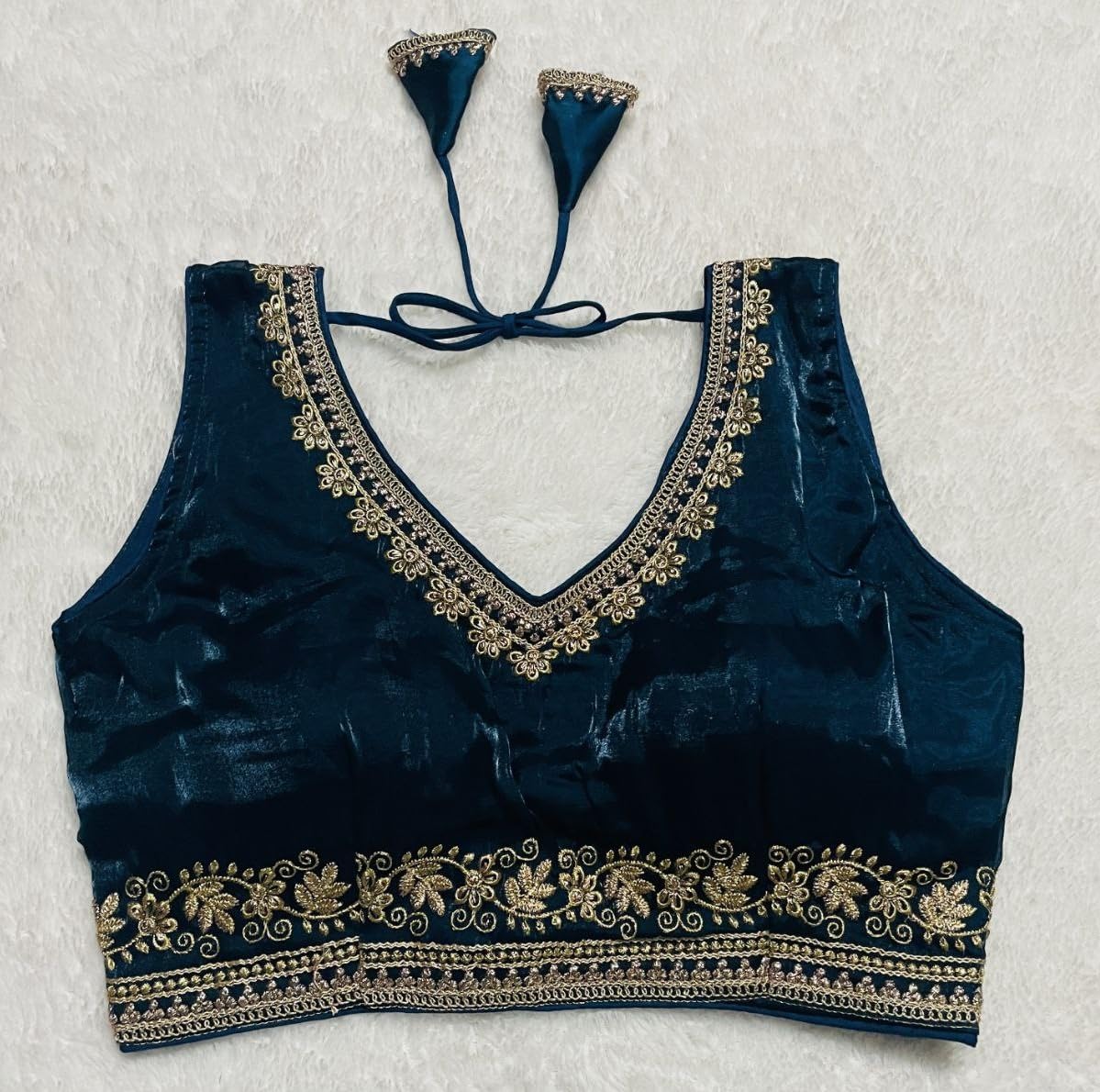 Vihu Fashion Women'S Readymade Sleeveless Blouseindian Ethnic Designer Blouse Jimmy Choo Fabric Embroidered V Neck Blouse Back Hook Open Saree Fancy Blouse (Morpeach, 34)