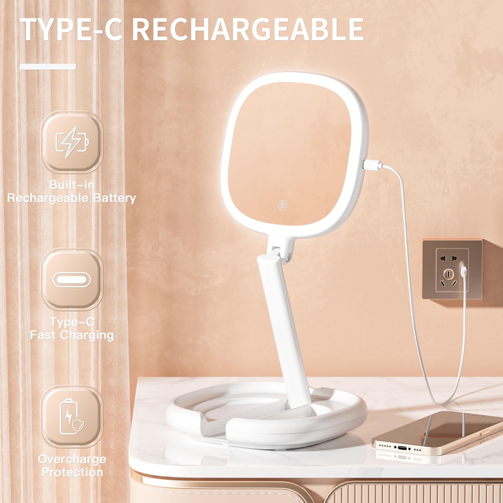 Beautifive Makeup Mirror with Light and Magnification, 10X/1X Light Up Makeup Mirror Travel Lighted Make Up Mirror with Adjustab