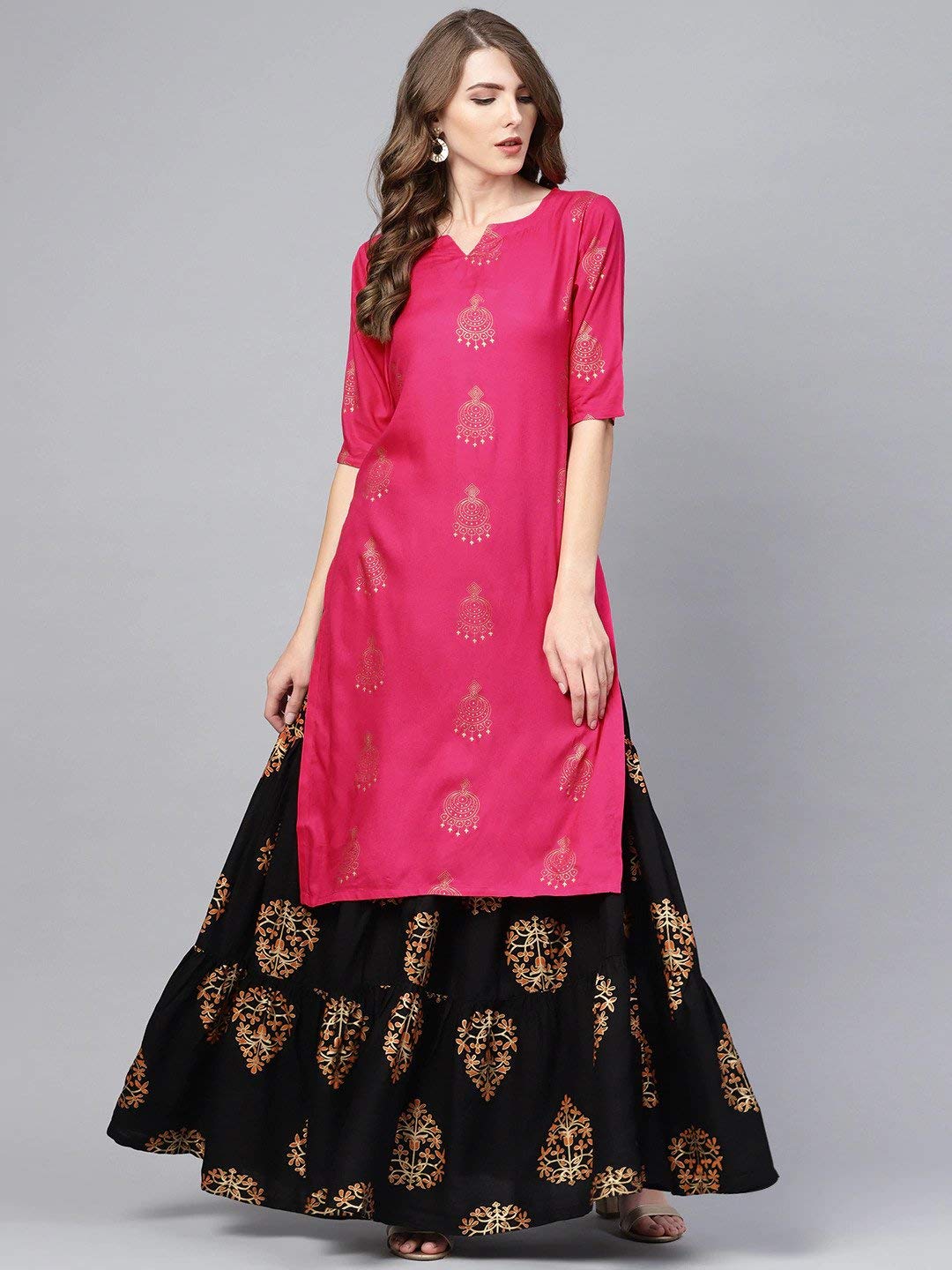Gosriki Women'S Rayon Printed Straight Kurta With Skirt (Vertika Pink_M),Pink,,B08RBRRMJM