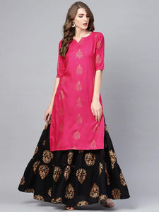 Gosriki Women'S Rayon Printed Straight Kurta With Skirt (Vertika Pink_M),Pink,,B08RBRRMJM