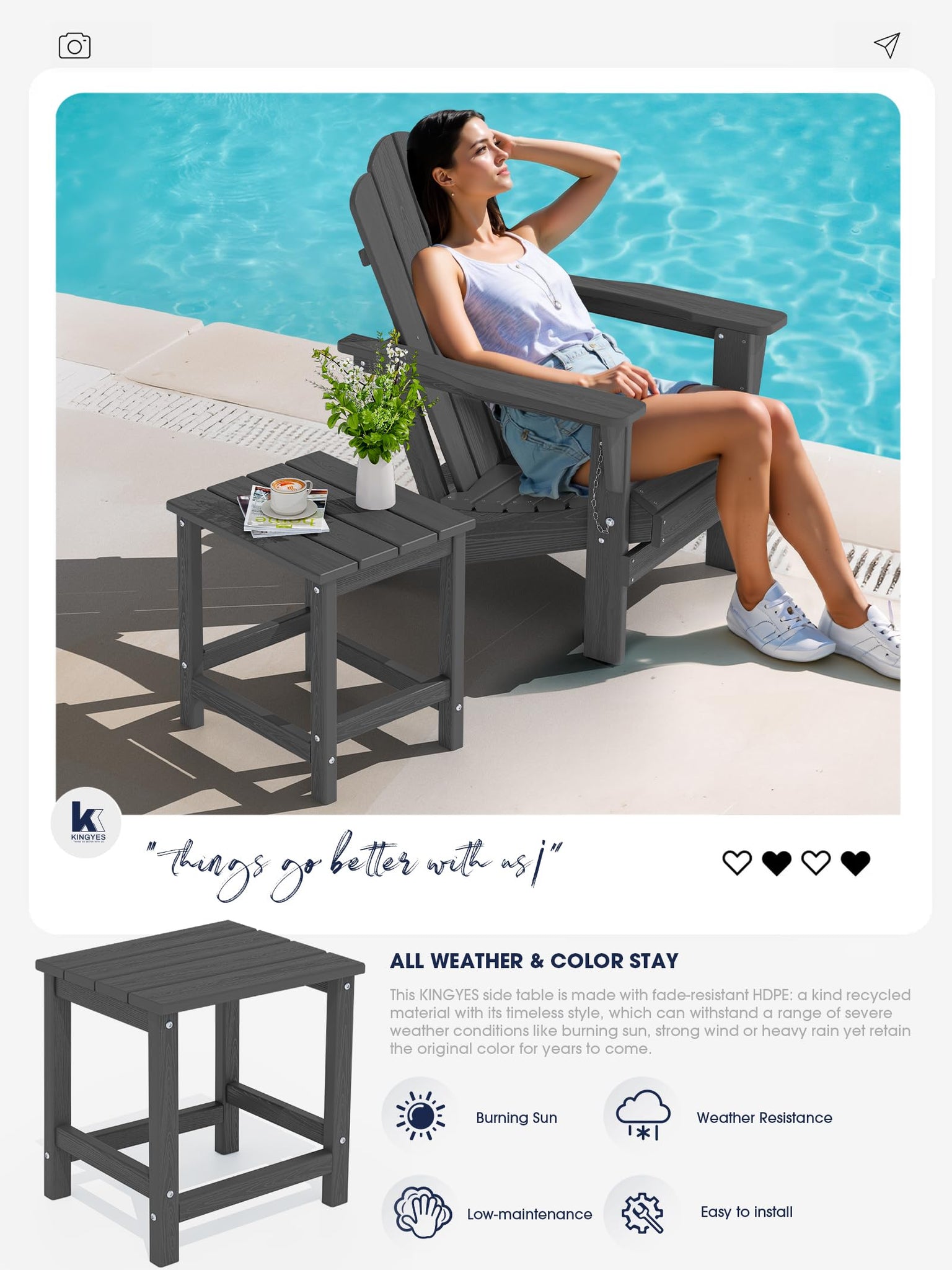 KINGYES Adirondack Outdoor Side Table, Gray