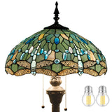 WERFACTORY Tiffany Floor Lamp Sea Blue Stained Glass Dragonfly Standing Reading Light 16X16X64 Inches Antique Pole Corner Lamp D