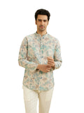 Manyavar Men's Linen Blend Floral Print Short Kurta (Aqua Green,XXXL)