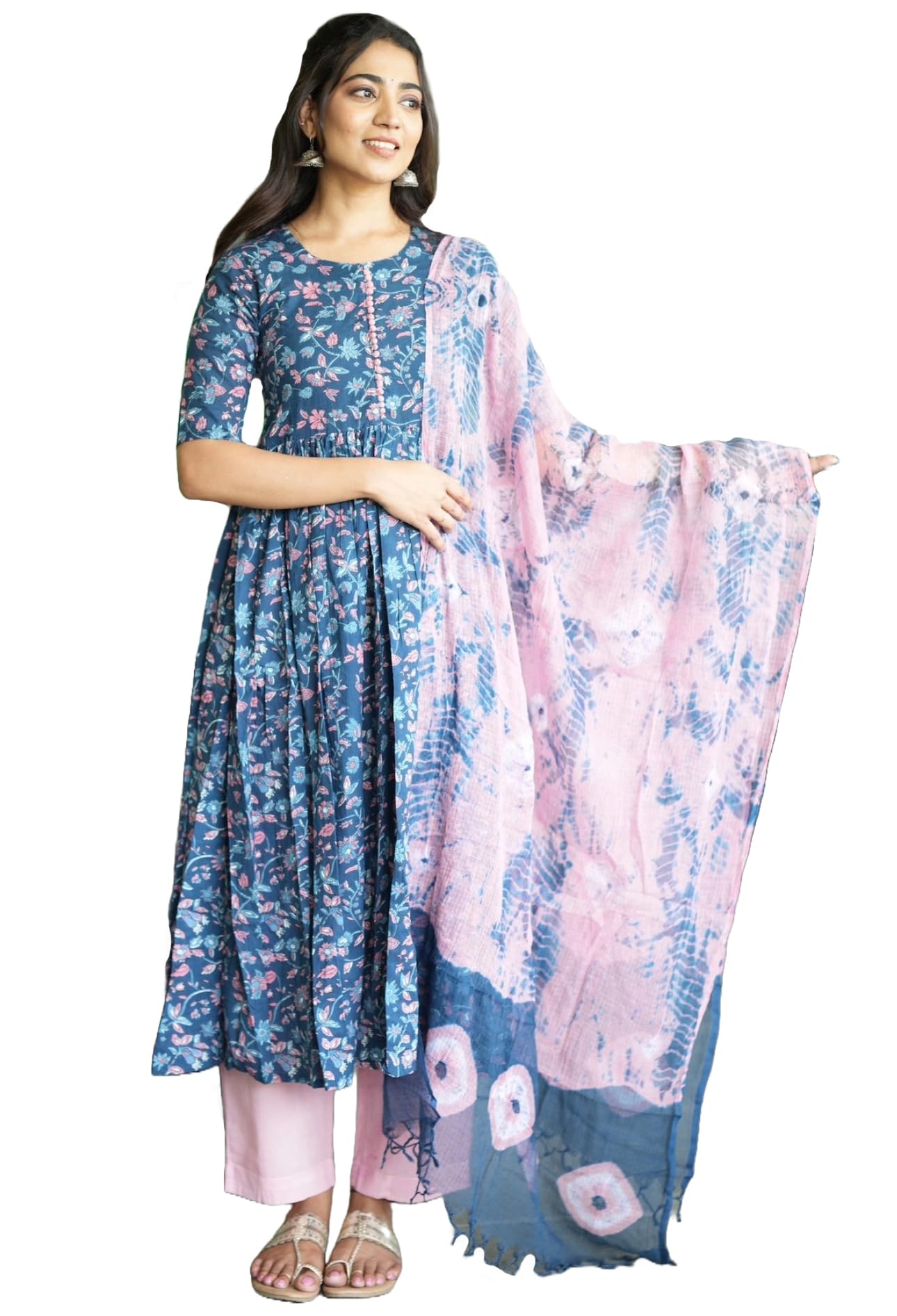 Anni Designer Women'S Cotton Blend Anarkali Printed Kurta With Pant & Dupatta (Nina Kerocin_Xxl_Blue_Xx-Large),Blue,2XL