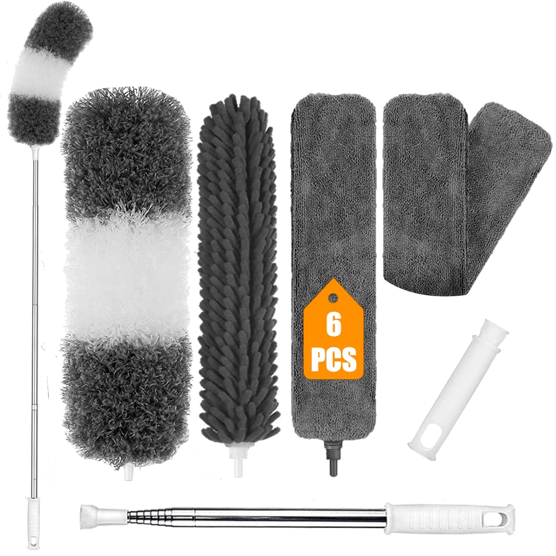 Microfiber Feather Duster, 6PCS Extendable Bendable Dusters with 100 Telescopic Pole, Washable & Reusable Cleaning Kit for Cei