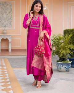 Anni Designer Women'S Silk Blend Straight Embroidered Kurta With Pant & Dupatta (Manushi Pink-Vks05_Xxl_Pink_Xx-Large),Pink,2XL,,,