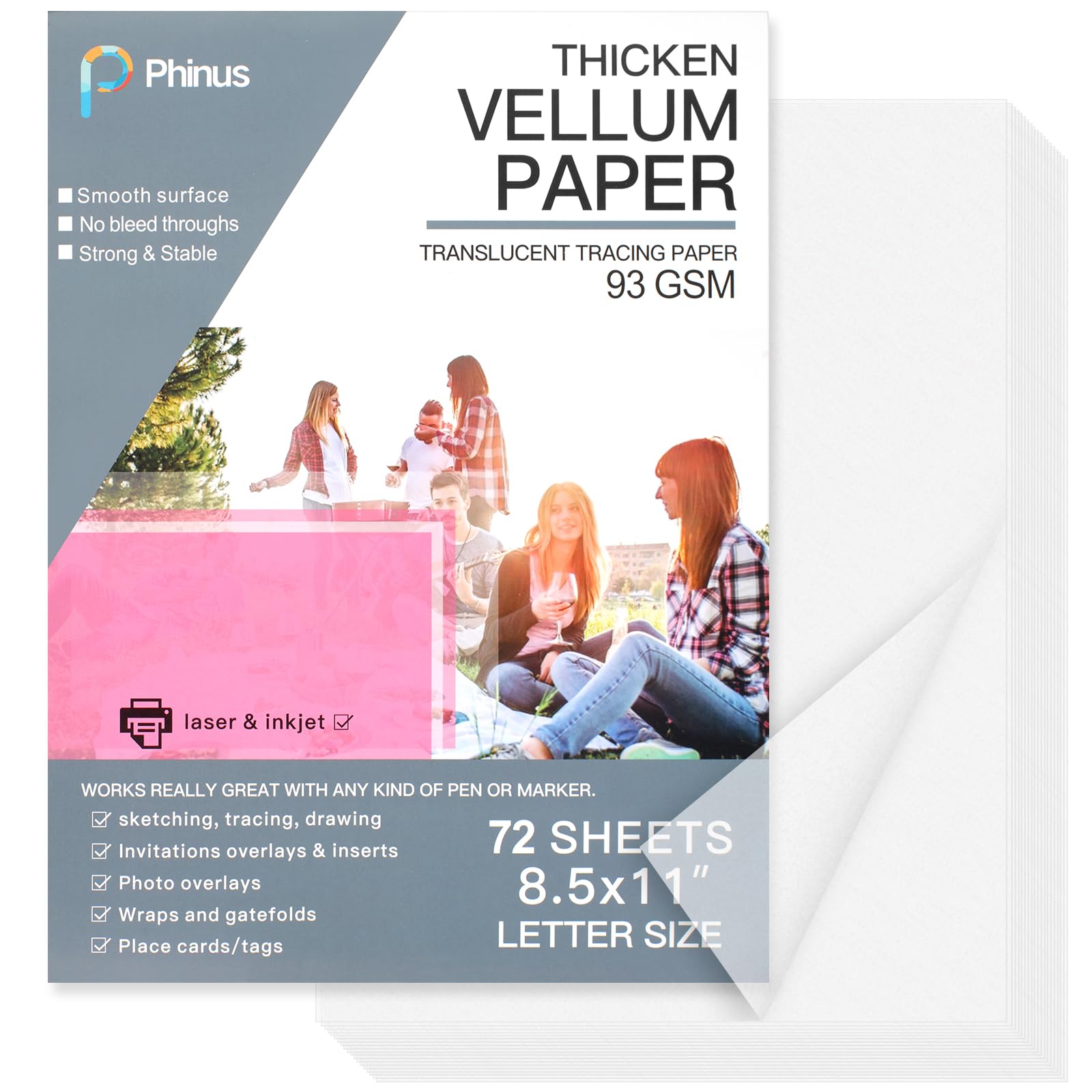 Phinus 72 Sheets Translucent Vellum Paper 8.5 x 11, Printable Vellum Jackets Vellum Paper for Invitations, Tracing Paper for Dra