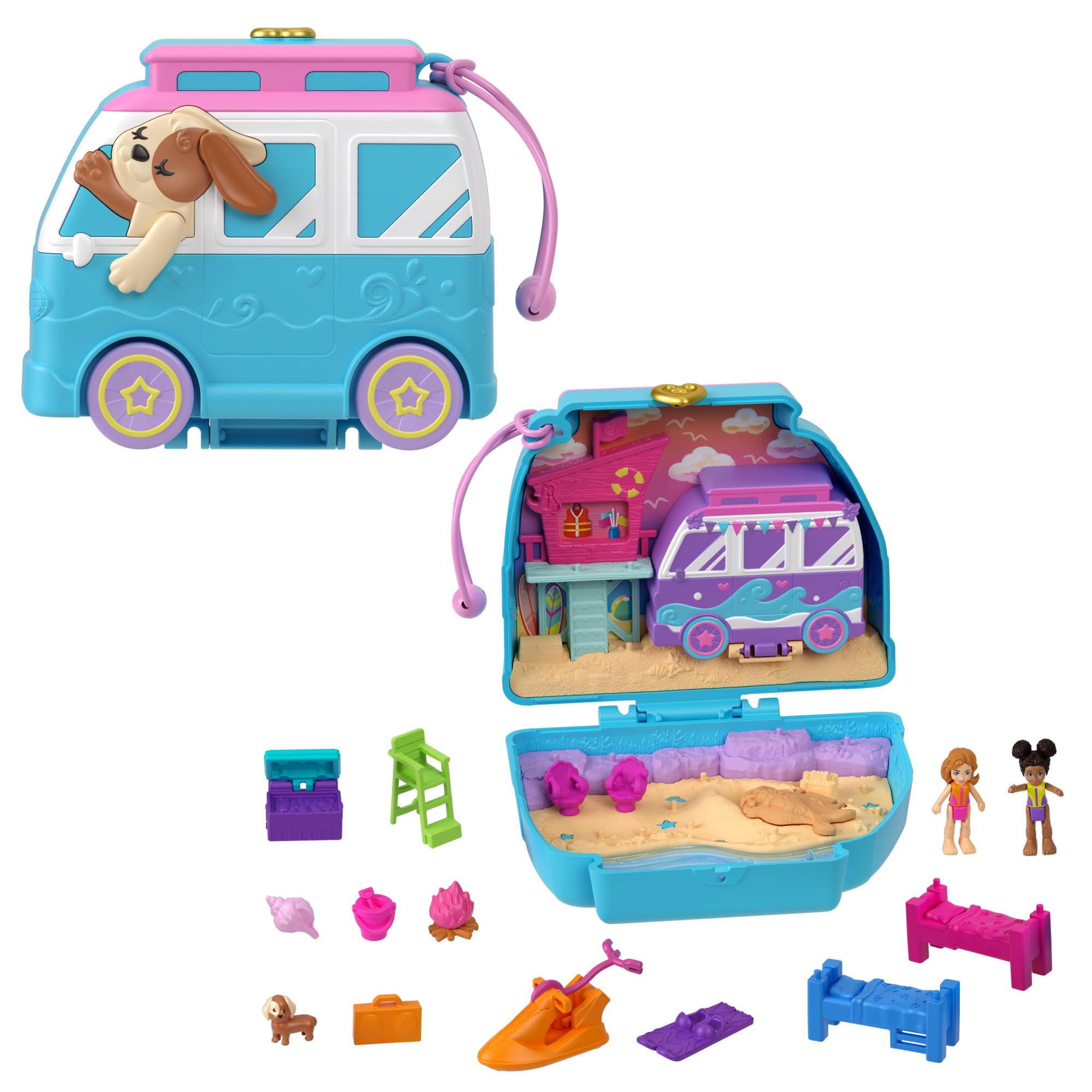 Polly Pocket Dolls & Playset, Seaside Puppy Ride Compact with 11 Accessories, Travel Toy with Fidget Exterior