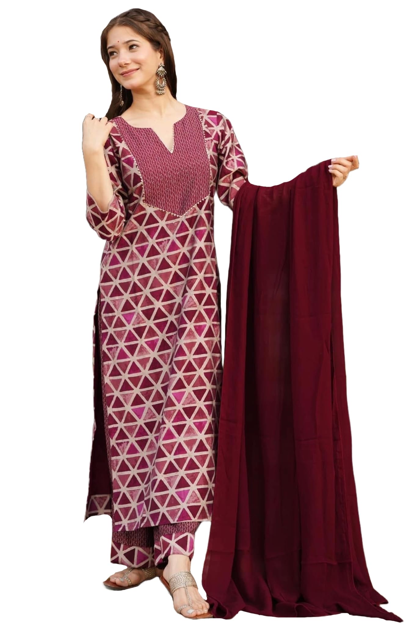 Anni Designer Women'S Rayon Blend Straight Printed Kurta With Pant & Dupatta (Chikroom Maroon_S_Maroon_Small),Maroon,S