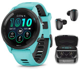 Wearable4U Garmin Forerunner 265 Music GPS Running 46 mm Smartwatch, Aqua with AMOLED 1.3 in Touchscreen Display Black Earbuds B
