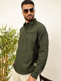 Thomas Scott Men Solid Cotton Linen Kurta Shirt (Ts1531_Dark Green, L)