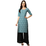 Pinkmint Women's Crepe Turqouise Color Ethnic Motif Printed Straight Kurti[NB-530378-XL]